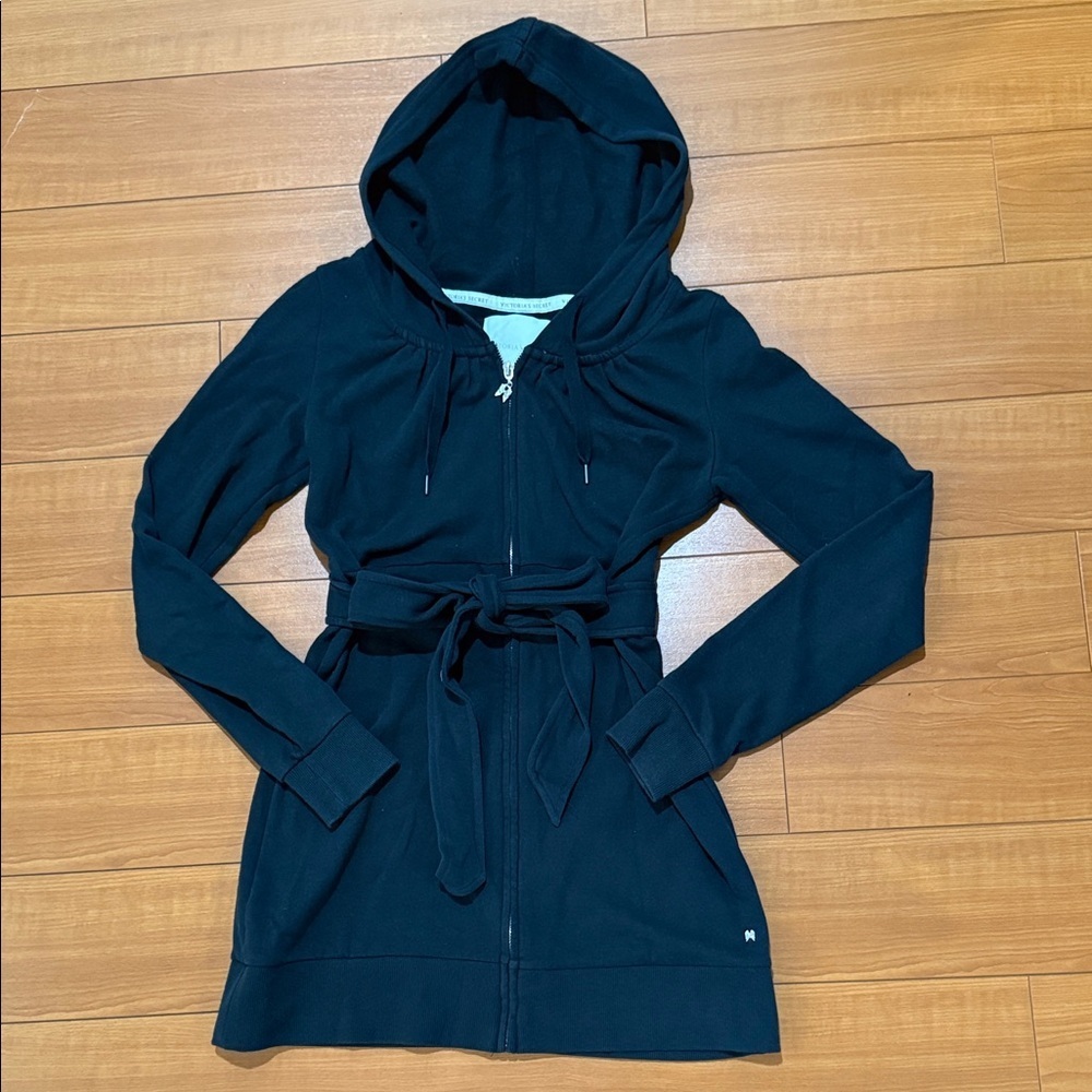 Victoria Secret Black Hooded Zip-Up Jacket with Belt